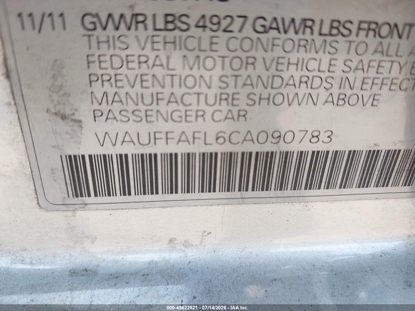2012 Audi A4 2.0T Premium Plus VIN: WAUFFAFL6CA090783 Lot: 45622821