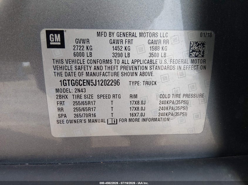 2018 GMC Canyon Sle VIN: 1GTG6CEN5J1202296 Lot: 45622826
