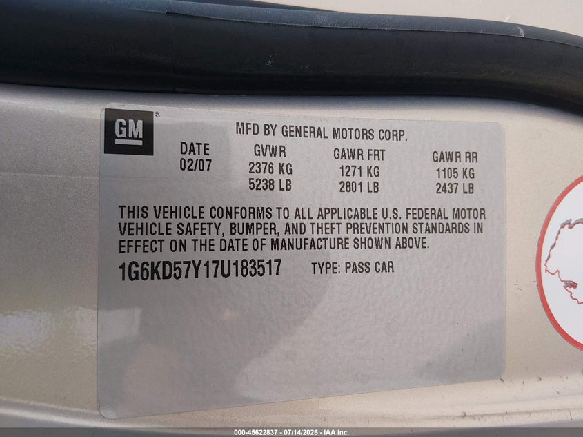 2007 Cadillac Dts Luxury Ii VIN: 1G6KD57Y17U183517 Lot: 45622837