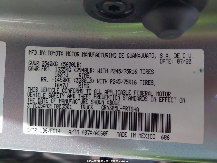 2020 Toyota Tacoma Sr5 V6 VIN: 3TYCZ5AN2LT003501 Lot: 45622839