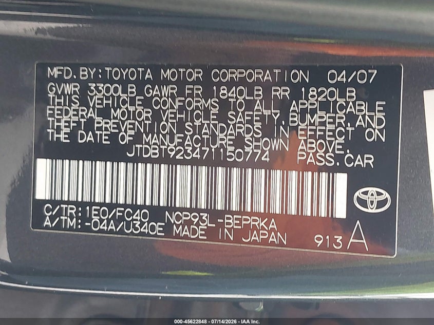 2007 Toyota Yaris VIN: JTDBT923471150774 Lot: 45622848