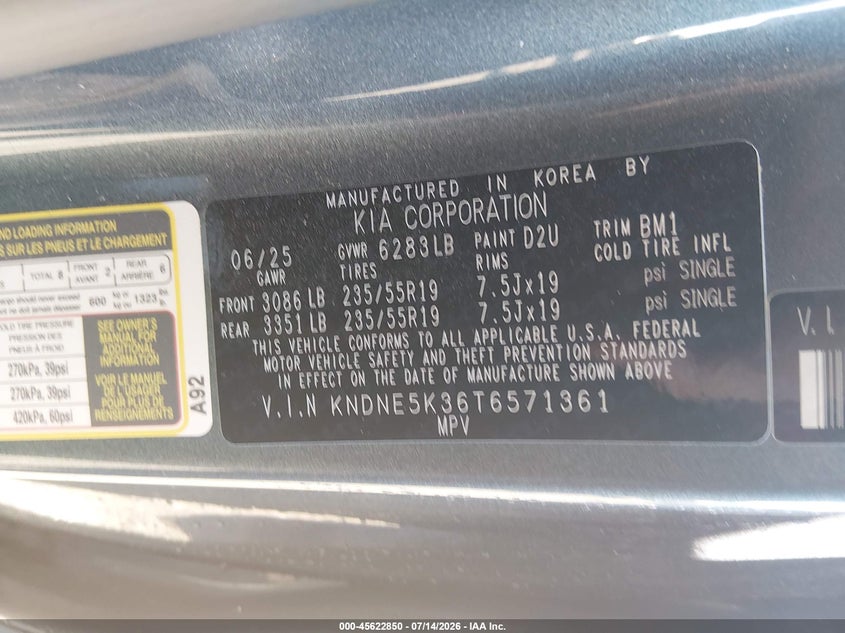 2026 Kia Carnival Mpv Sx VIN: KNDNE5K36T6571361 Lot: 45622850