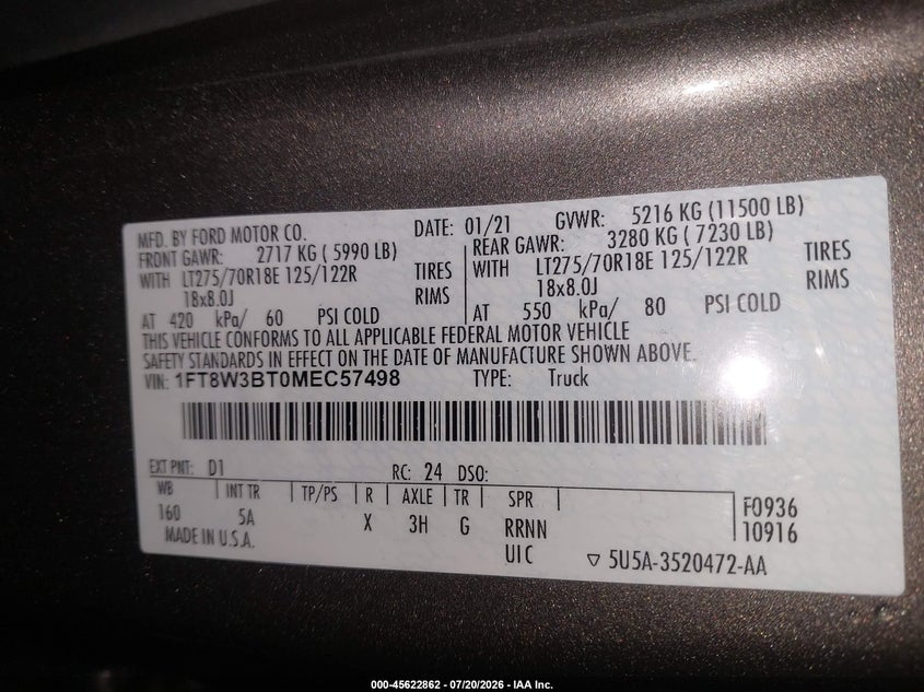 2021 Ford F-350 Lariat VIN: 1FT8W3BT0MEC57498 Lot: 45622862