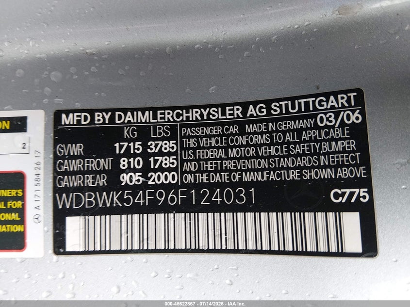 2006 Mercedes-Benz Slk 280 VIN: WDBWK54F96F124031 Lot: 45622867