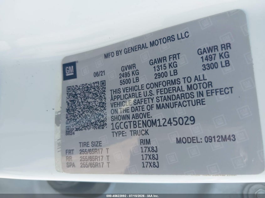 2021 Chevrolet Colorado Wt VIN: 1GCGTBEN0M1245029 Lot: 45622892