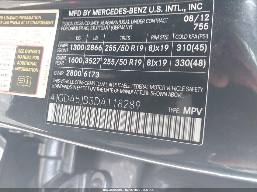 2013 Mercedes-Benz Ml 350 VIN: 4JGDA5JB3DA118289 Lot: 45622895