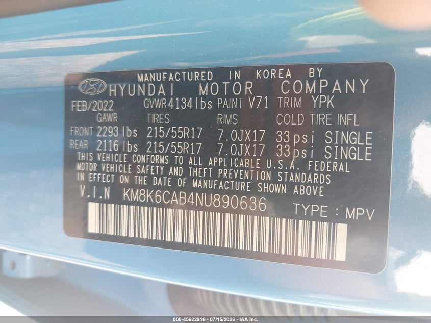 2022 Hyundai Kona Sel VIN: KM8K6CAB4NU890636 Lot: 45622916