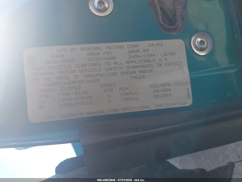 1993 Chevrolet Gmt-400 C1500 VIN: 1GCDC14Z7PZ210429 Lot: 45622948