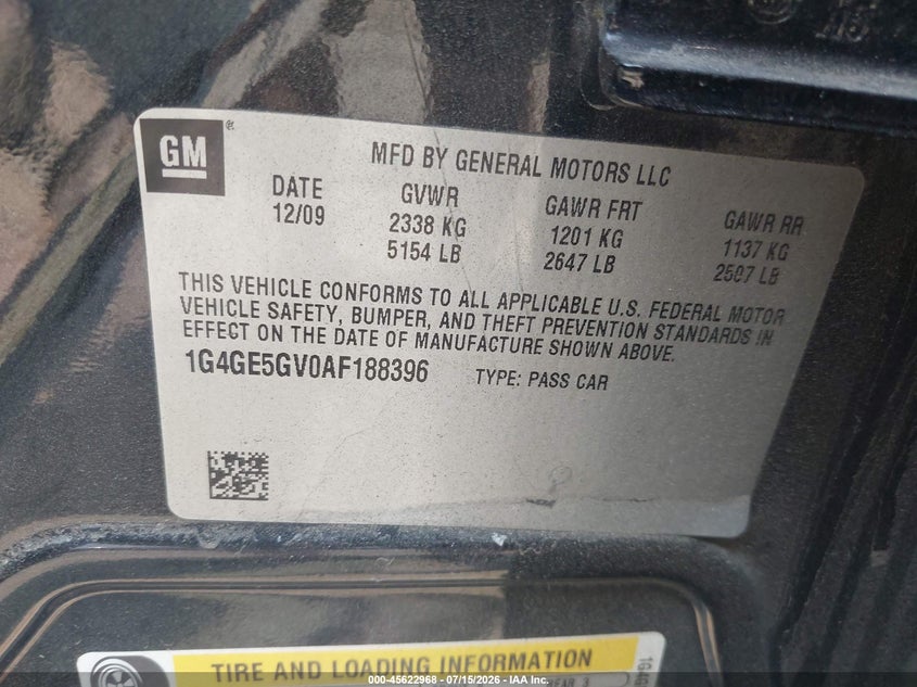 2010 Buick Lacrosse Cxs VIN: 1G4GE5GV0AF188396 Lot: 45622968