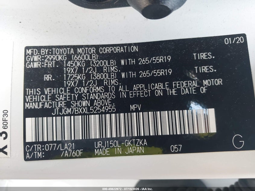 2020 Lexus Gx 460 Luxury VIN: JTJGM7BXXL5254955 Lot: 45622972