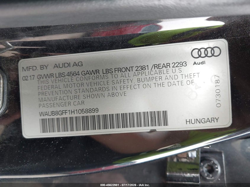 2017 Audi A3 Premium VIN: WAUB8GFF1H1058899 Lot: 45622981