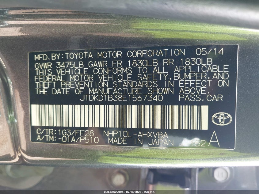 2014 Toyota Prius C Two VIN: JTDKDTB38E1567340 Lot: 45622995
