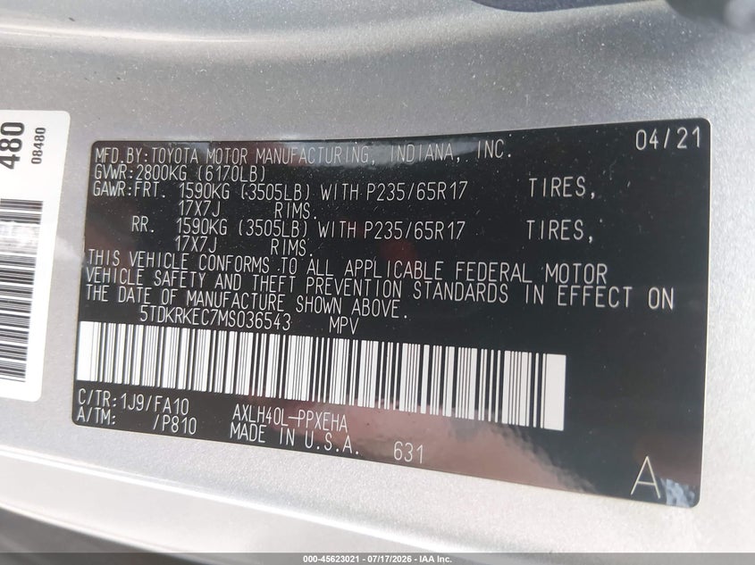 2021 TOYOTA SIENNA VAN 2.5L I-4 DI, DOHC, VVT, 189HP