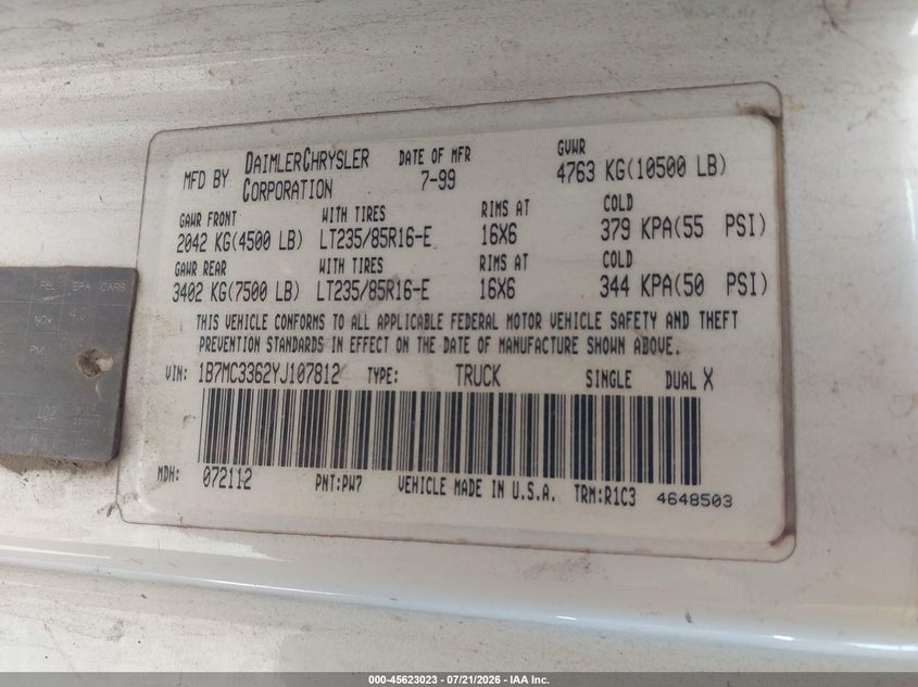 2000 Dodge Ram 3500 St VIN: 1B7MC3362YJ107812 Lot: 45623023