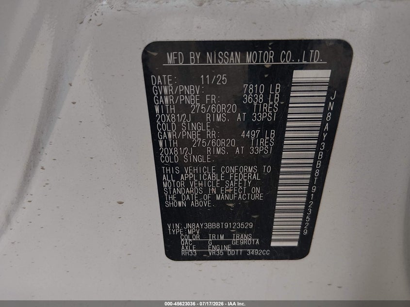 2026 Nissan Armada Sl VIN: JN8AY3BB8T9123529 Lot: 45623036