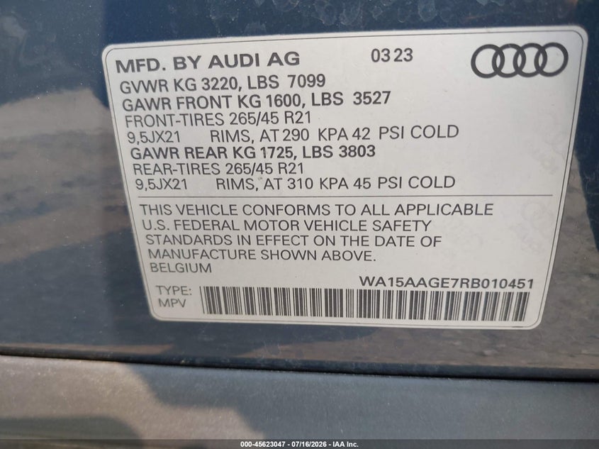 2024 Audi Q8 E-Tron Premium Plus Quattro VIN: WA15AAGE7RB010451 Lot: 45623047