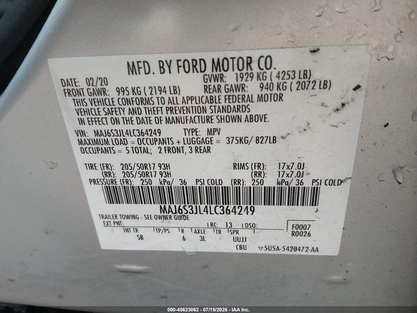 2020 Ford Ecosport Ses VIN: MAJ6S3JL4LC364249 Lot: 45623062