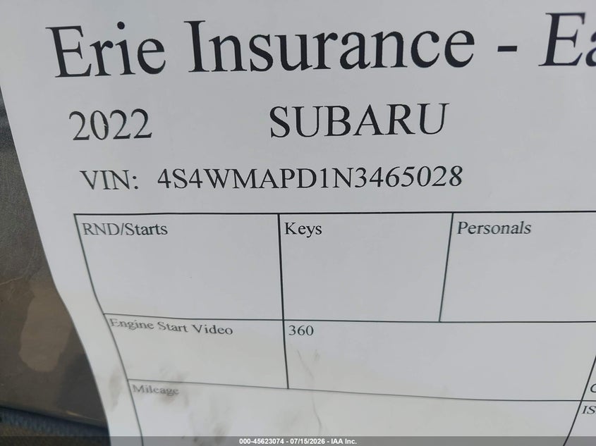 2022 Subaru Ascent Limited VIN: 4S4WMAPD1N3465028 Lot: 45623074