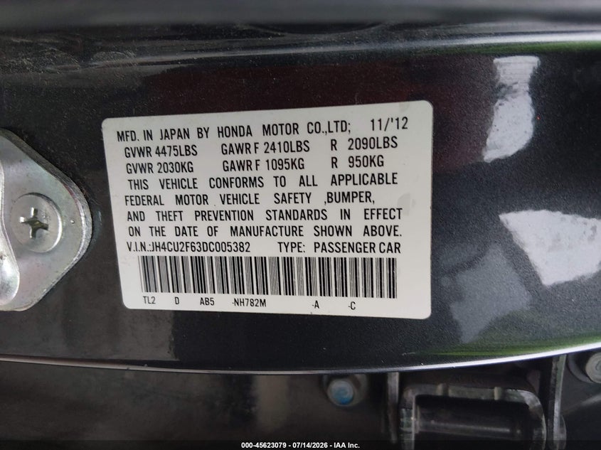 2013 Acura Tsx 2.4 VIN: JH4CU2F63DC005382 Lot: 45623079