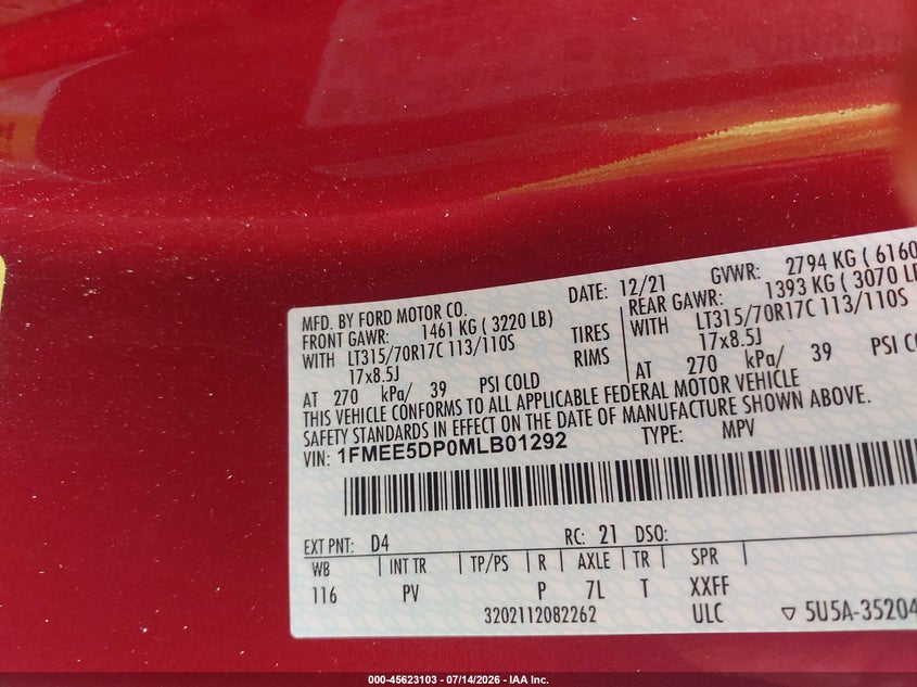 2021 Ford Bronco Wildtrak VIN: 1FMEE5DP0MLB01292 Lot: 45623103