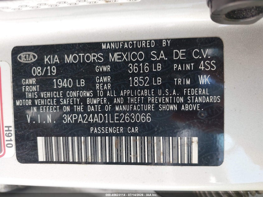 2020 Kia Rio Lx VIN: 3KPA24AD1LE263066 Lot: 45623114