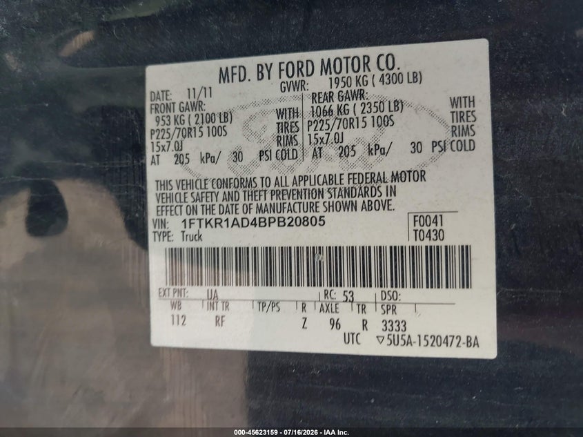 2011 Ford Ranger Xl VIN: 1FTKR1AD4BPB20805 Lot: 45623159