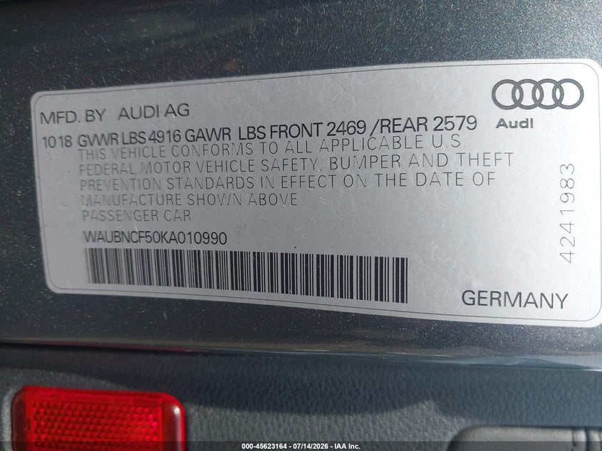 2019 Audi A5 45 Premium VIN: WAUBNCF50KA010990 Lot: 45623164