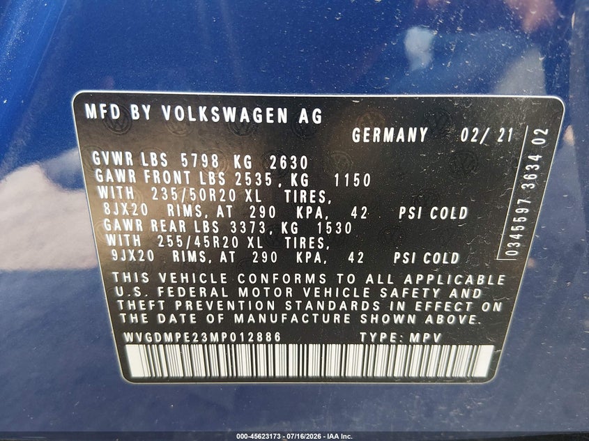 VOLKSWAGEN ID.4 2021 VIN WVGDMPE23MP012886