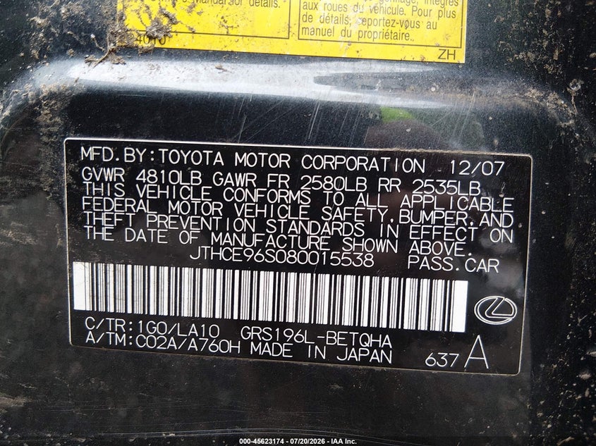2008 Lexus Gs 350 VIN: JTHCE96S080015538 Lot: 45623174