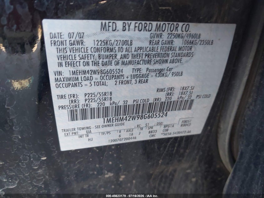 2008 Mercury Sable Premier VIN: 1MEHM42W98G605524 Lot: 45623179