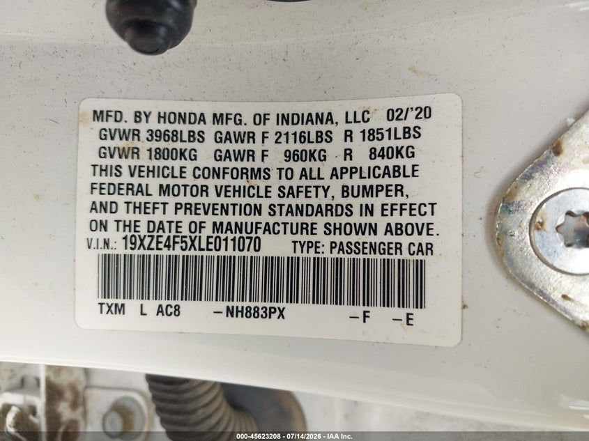 2020 Honda Insight Ex VIN: 19XZE4F5XLE011070 Lot: 45623208
