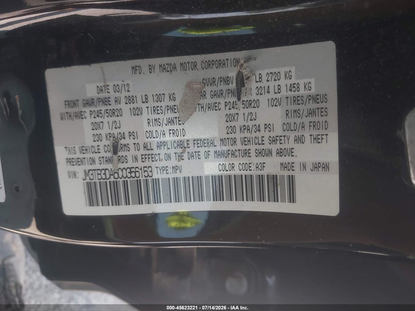 2012 Mazda Cx-9 Grand Touring VIN: JM3TB3DA6C0356153 Lot: 45623221