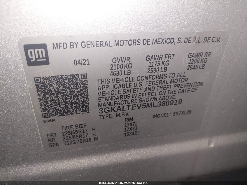 2021 GMC Terrain Awd Sle VIN: 3GKALTEV5ML380919 Lot: 45623251