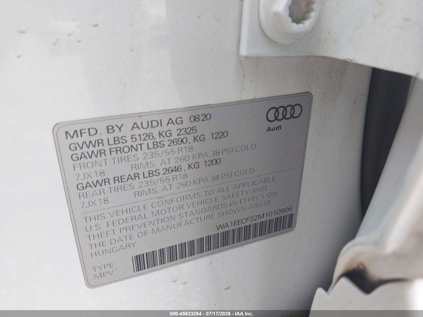 2021 Audi Q3 Premium Plus 45 Tfsi S Line Quattro Tiptronic VIN: WA1EECF32M1010906 Lot: 45623264