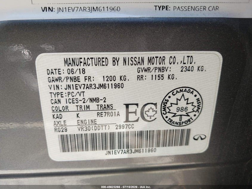 2018 Infiniti Q50 3.0T Luxe/3.0T Sport VIN: JN1EV7AR3JM611960 Lot: 45623266