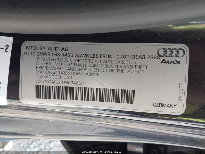 2013 Audi A7 3.0T Premium VIN: WAUYGAFC6DN034858 Lot: 45623267