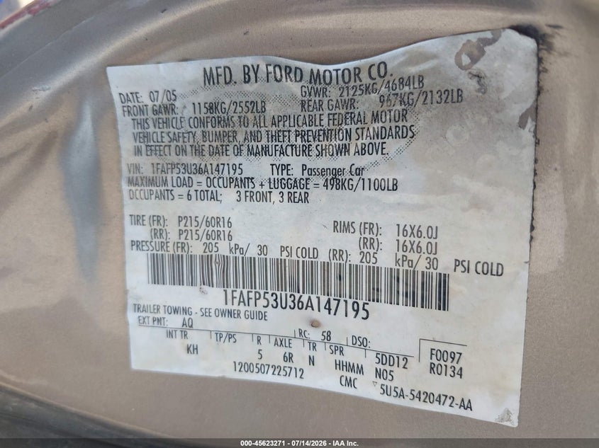 2006 Ford Taurus Se VIN: 1FAFP53U36A147195 Lot: 45623271