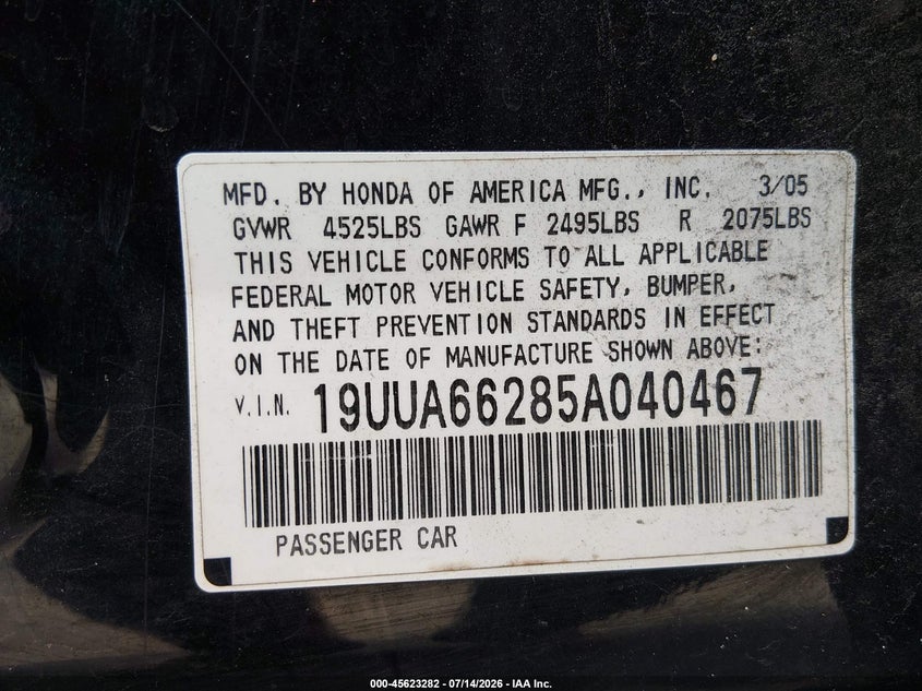 2005 Acura Tl VIN: 19UUA66285A040467 Lot: 45623282
