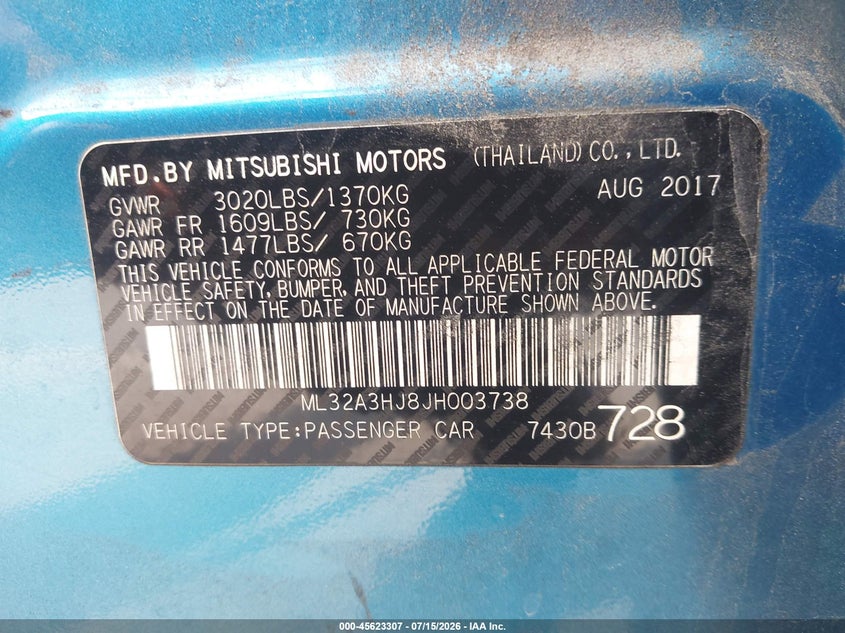 2018 Mitsubishi Mirage Es VIN: ML32A3HJ8JH003738 Lot: 45623307