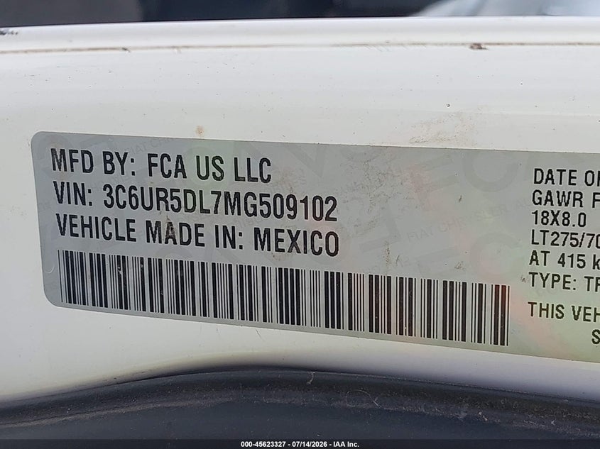 2021 Ram 2500 Big Horn 4X4 6'4 Box VIN: 3C6UR5DL7MG509102 Lot: 45623327