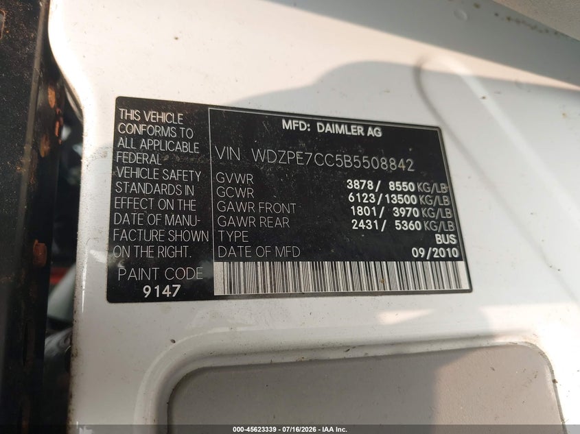 2011 Mercedes-Benz Sprinter 2500 Normal Roof VIN: WDZPE7CC5B5508842 Lot: 45623339