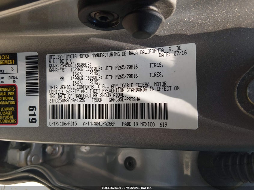 2016 Toyota Tacoma Trd Off Road VIN: 3TMCZ5AN2GM041358 Lot: 45623409