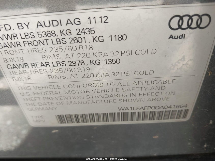 2013 AUDI Q5 SPORT UTILITY VEHICLE 2.0L I-4 DI, DOHC, VVT, TURBO, 211HP