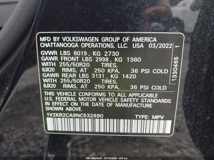 2022 Volkswagen Atlas 3.6L V6 Se W/Technology VIN: 1V2KR2CA9NC532690 Lot: 45623426