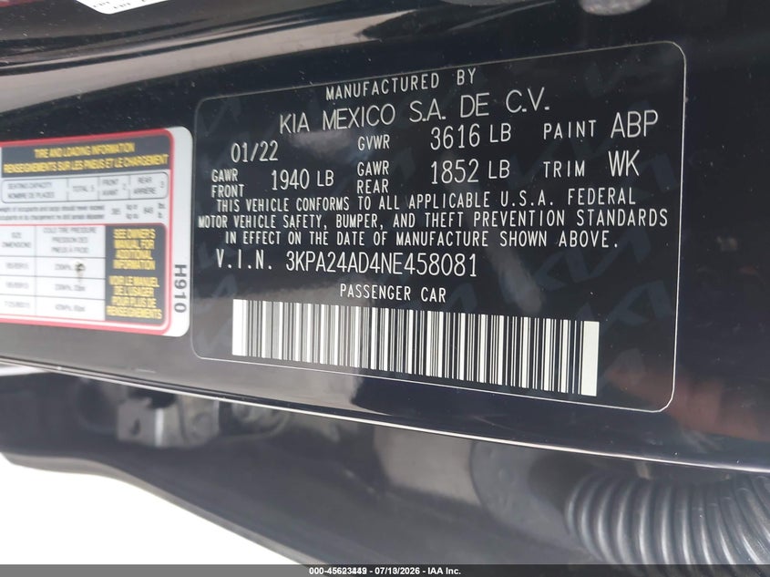 2022 Kia Rio S VIN: 3KPA24AD4NE458081 Lot: 45623449
