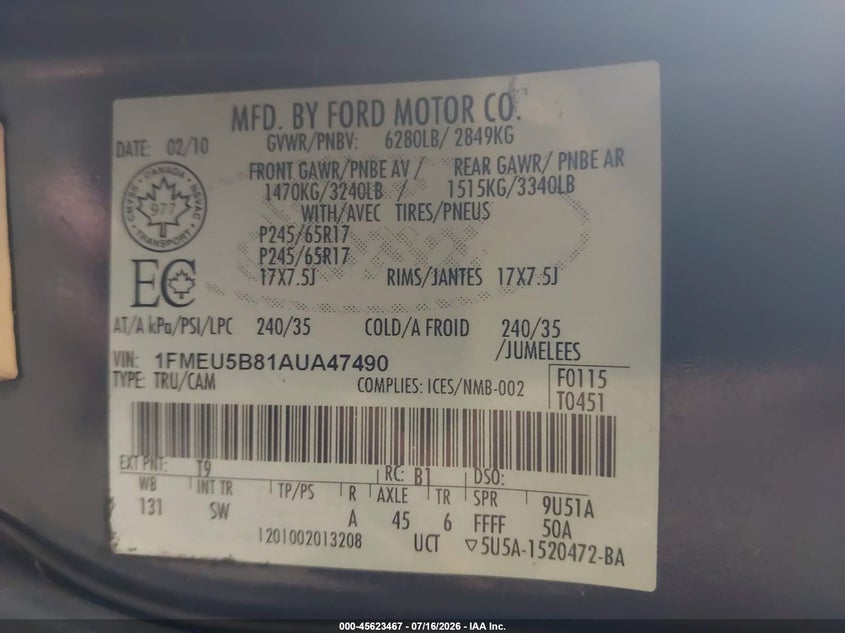 2010 Ford Explorer Sport Trac Xlt VIN: 1FMEU5B81AUA47490 Lot: 45623467