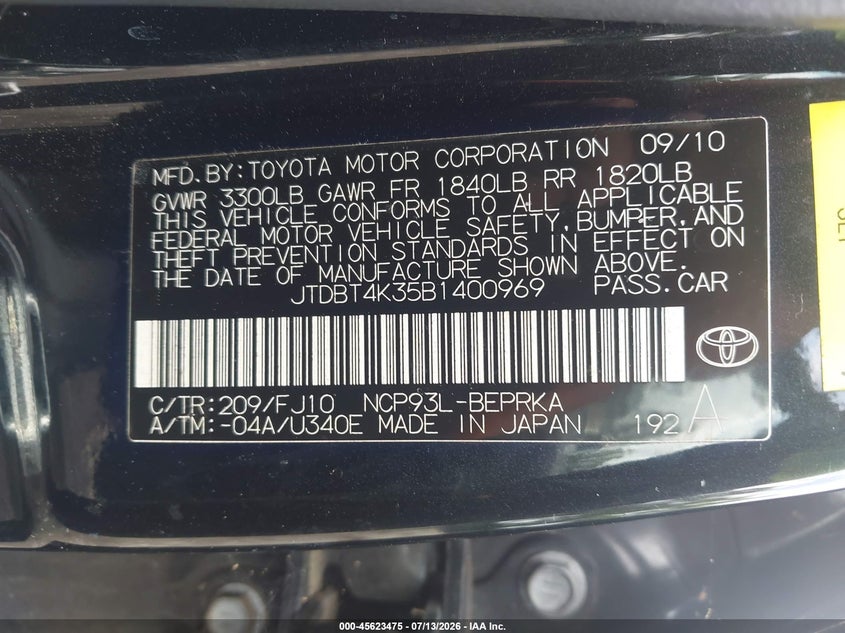 2011 Toyota Yaris VIN: JTDBT4K35B1400969 Lot: 45623475