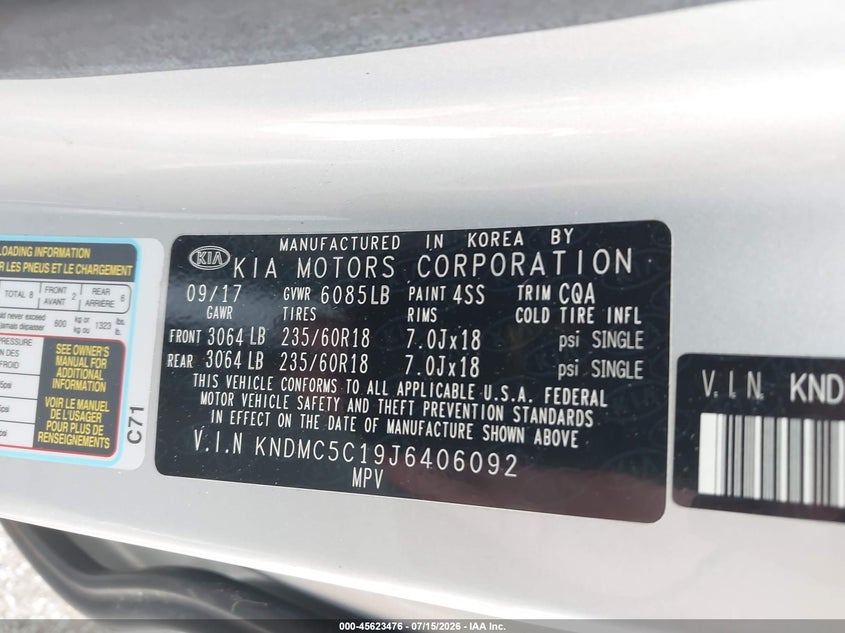2018 Kia Sedona Ex VIN: KNDMC5C19J6406092 Lot: 45623476