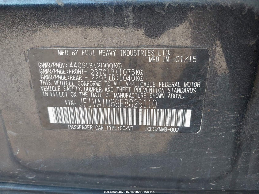 2015 Subaru Wrx Premium VIN: JF1VA1D69F8829110 Lot: 45623482