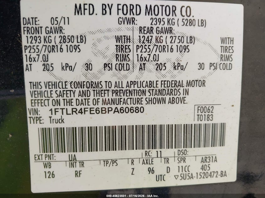 2011 Ford Ranger Xlt VIN: 1FTLR4FE6BPA60680 Lot: 45623501